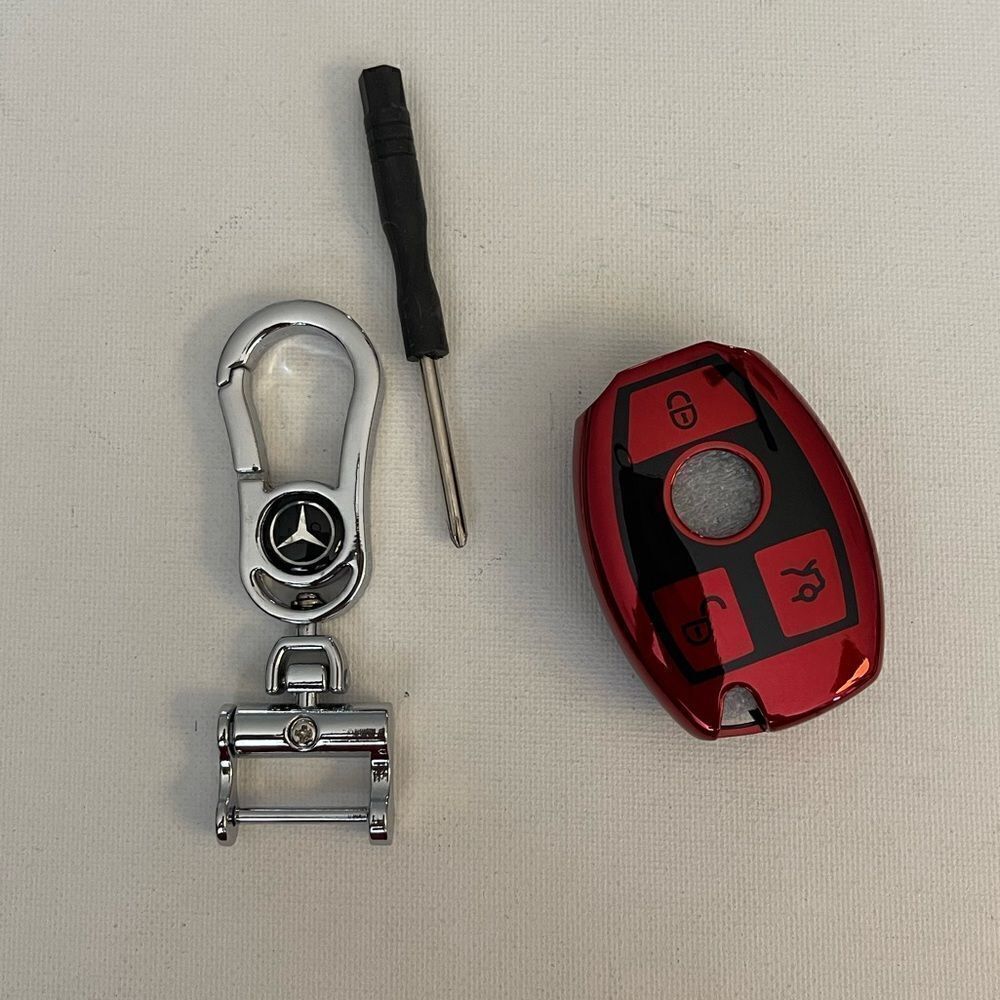 Mercedes Key Fob Keychain in Silver with Logo & Fob Case Cover in Red NWT